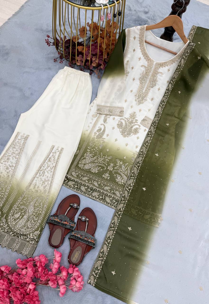 Yashvi Dual Tone Star Georgette Diamond Embroidered Kurti Palazzo with Dupatta Set