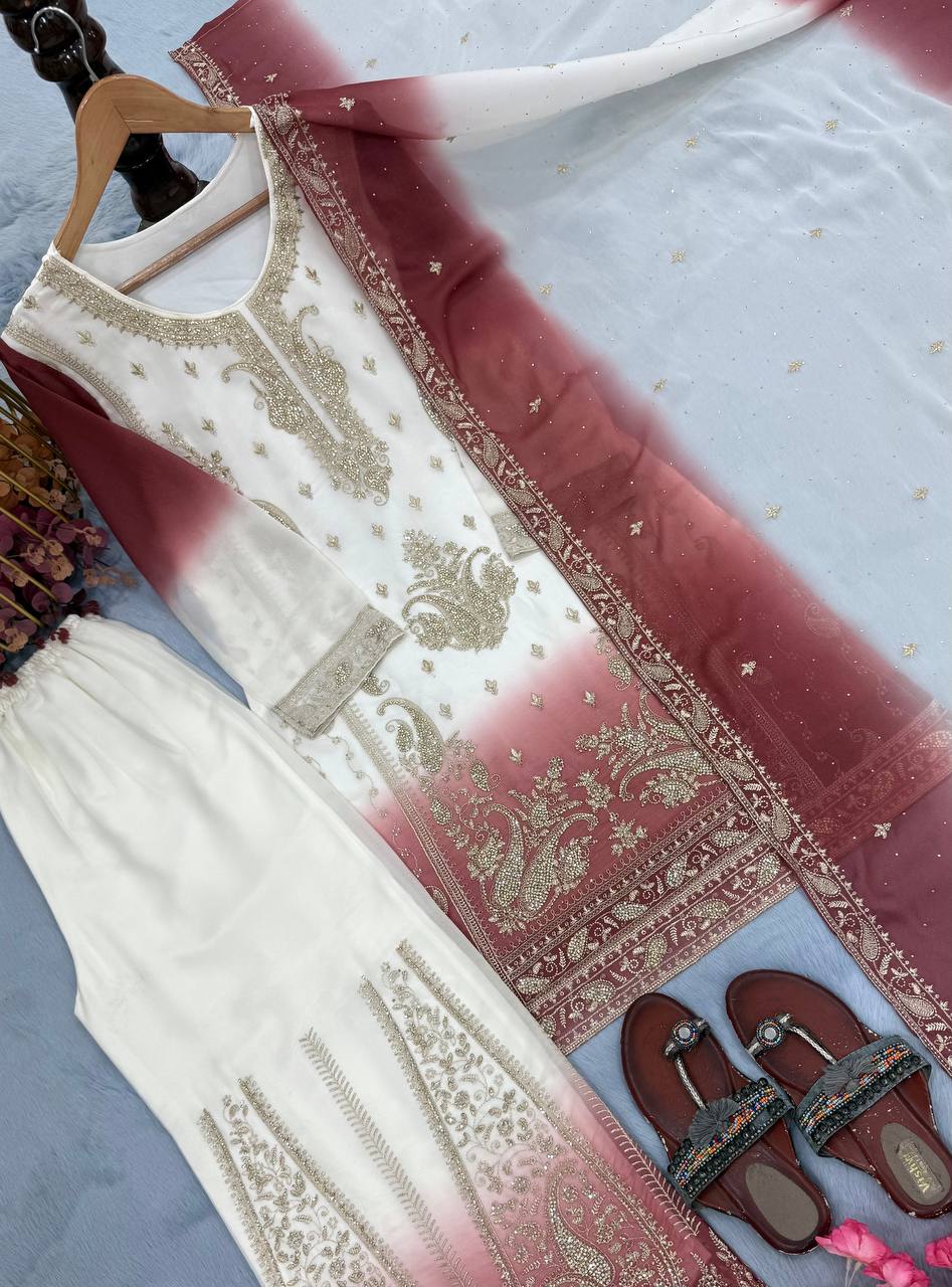 Yashvi Dual Tone Star Georgette Diamond Embroidered Kurti Palazzo with Dupatta Set