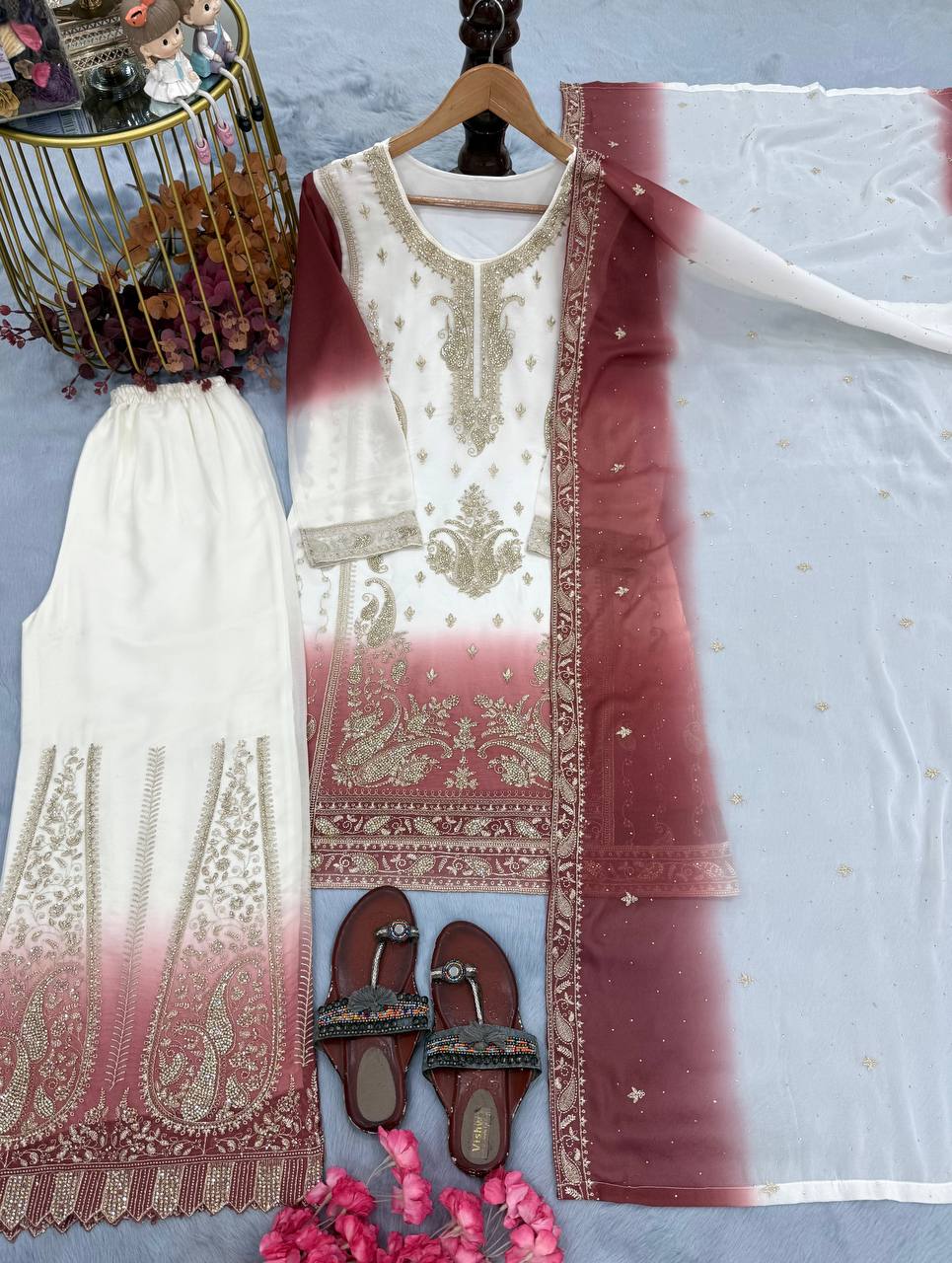 Yashvi Dual Tone Star Georgette Diamond Embroidered Kurti Palazzo with Dupatta Set