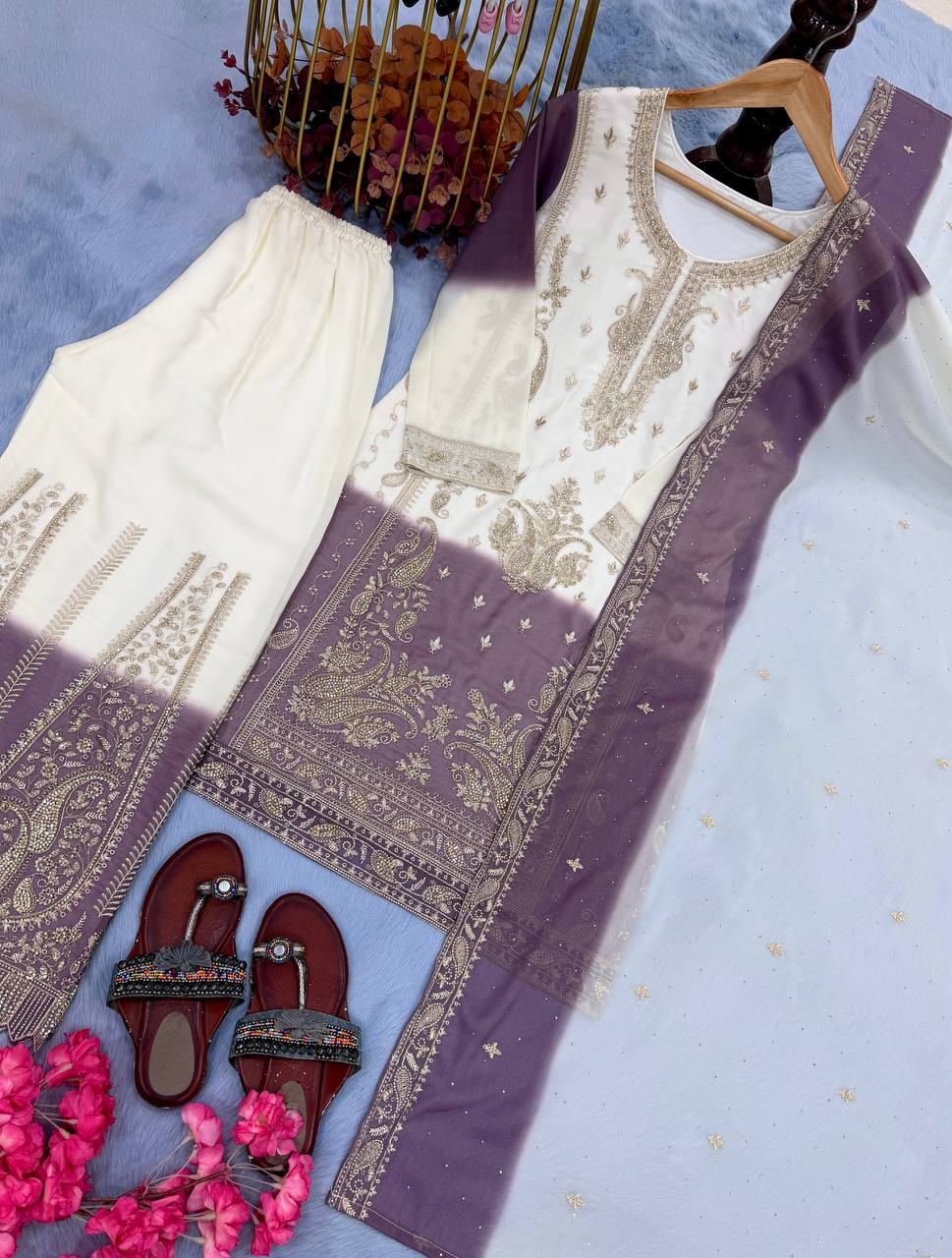 Yashvi Dual Tone Star Georgette Diamond Embroidered Kurti Palazzo with Dupatta Set