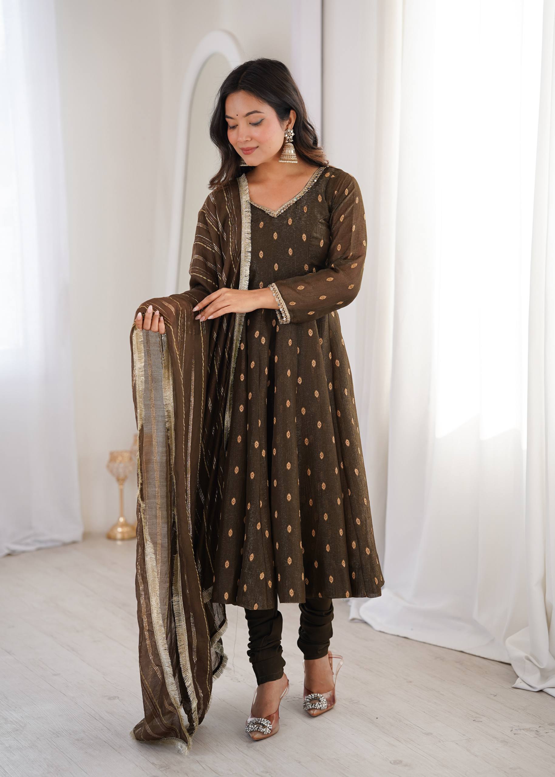 Aarvika Heavy Crunchy Silk Jacquard Butti Anarkali Gown with Chanderi Dupatta