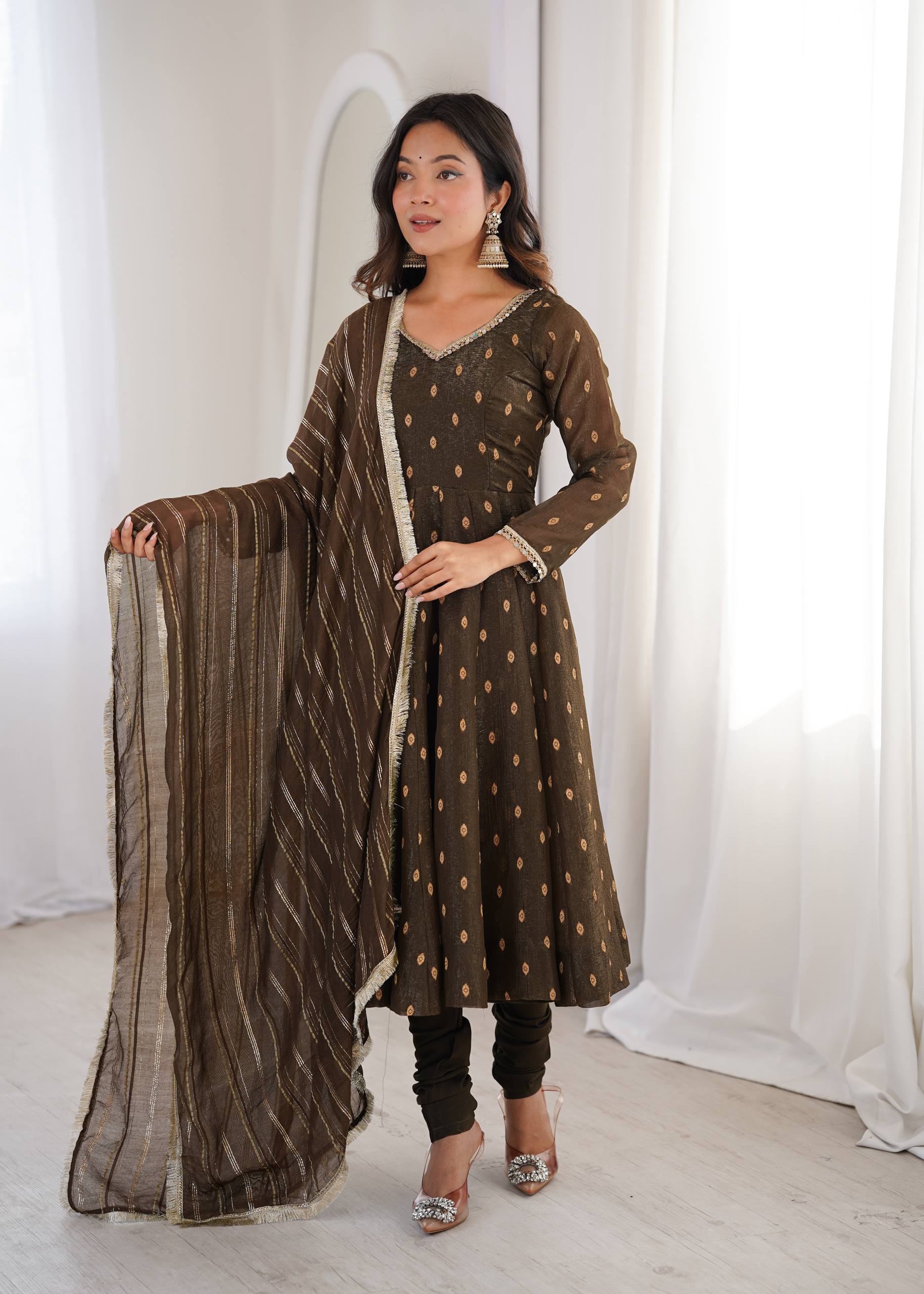 Aarvika Heavy Crunchy Silk Jacquard Butti Anarkali Gown with Chanderi Dupatta