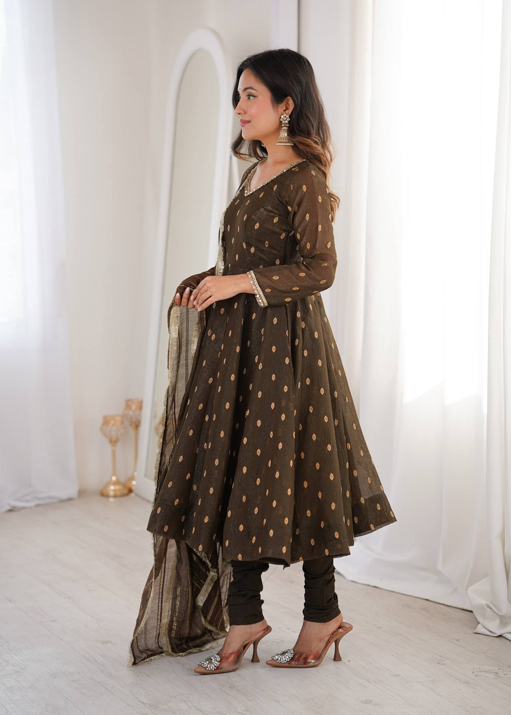 Aarvika Heavy Crunchy Silk Jacquard Butti Anarkali Gown with Chanderi Dupatta