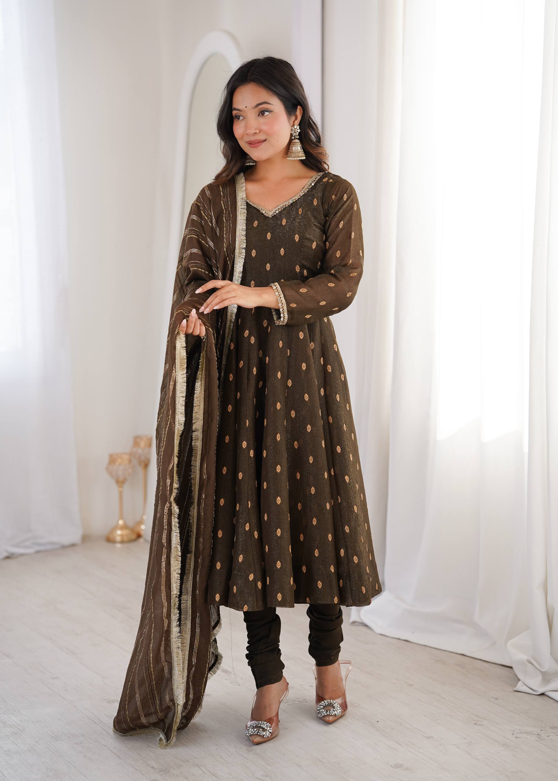 Aarvika Heavy Crunchy Silk Jacquard Butti Anarkali Gown with Chanderi Dupatta