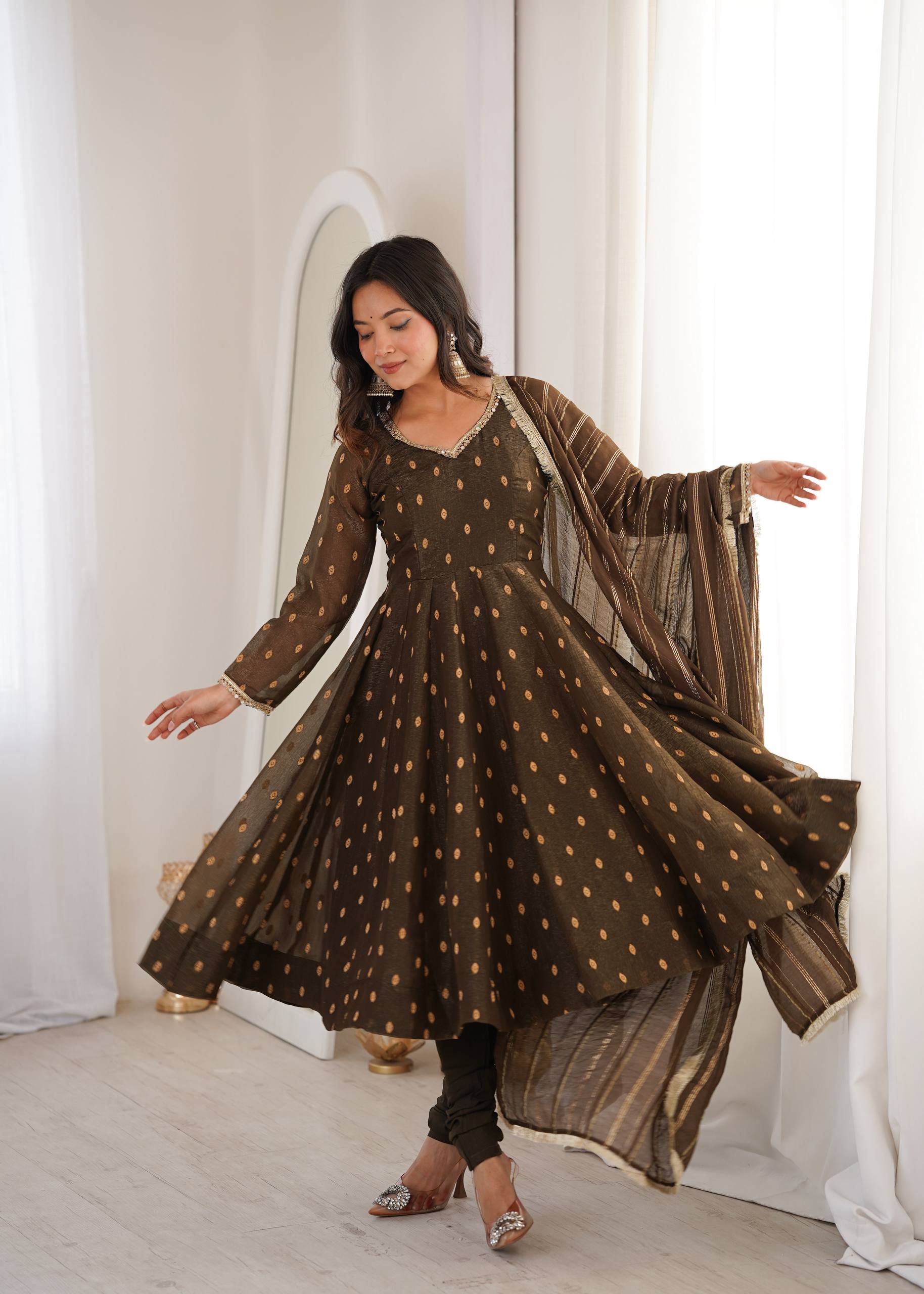 Aarvika Heavy Crunchy Silk Jacquard Butti Anarkali Gown with Chanderi Dupatta
