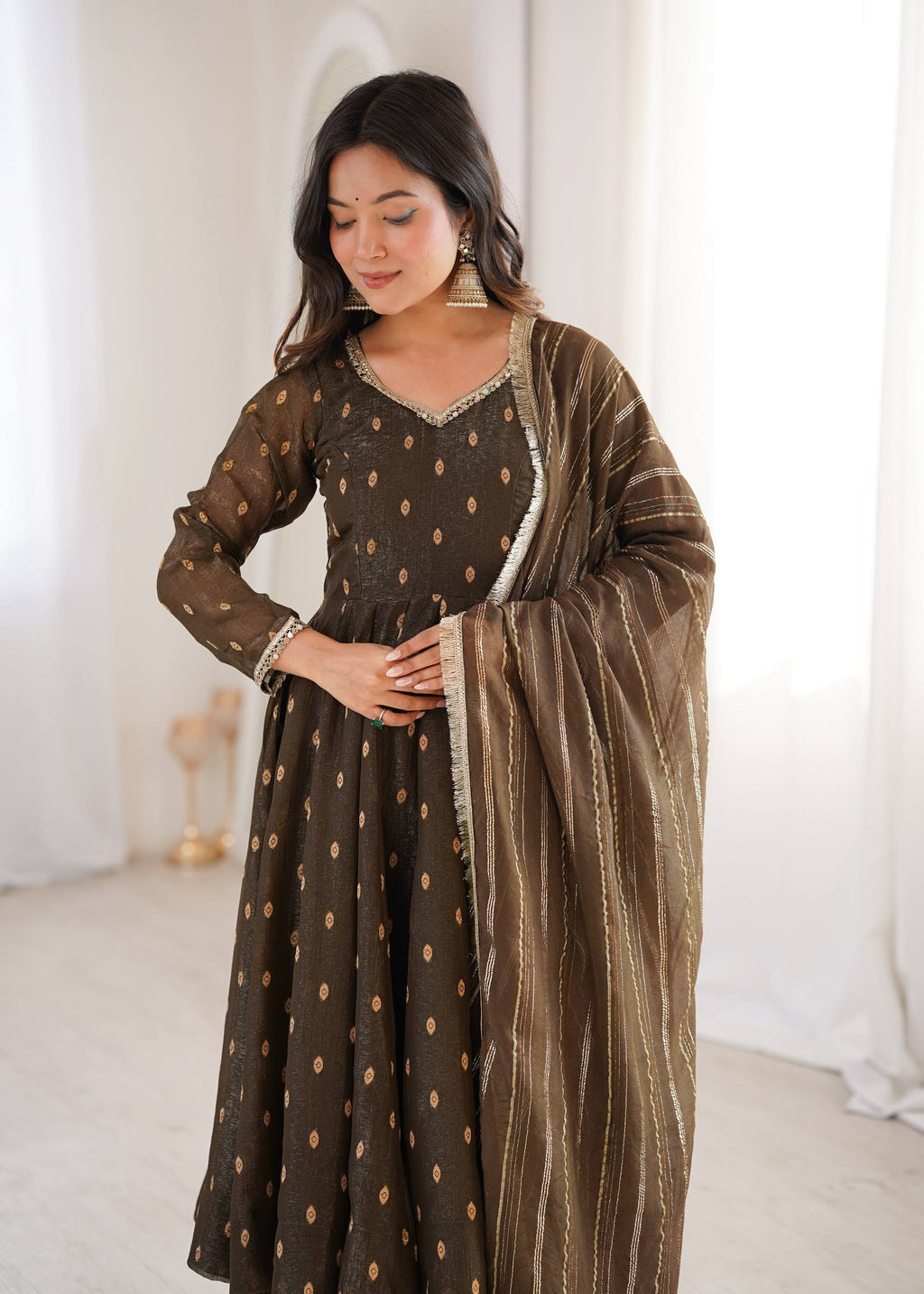 Aarvika Heavy Crunchy Silk Jacquard Butti Anarkali Gown with Chanderi Dupatta