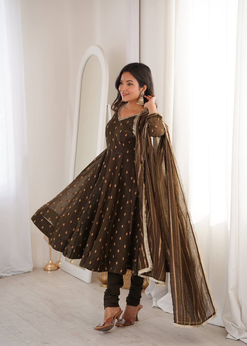 Aarvika Heavy Crunchy Silk Jacquard Butti Anarkali Gown with Chanderi Dupatta