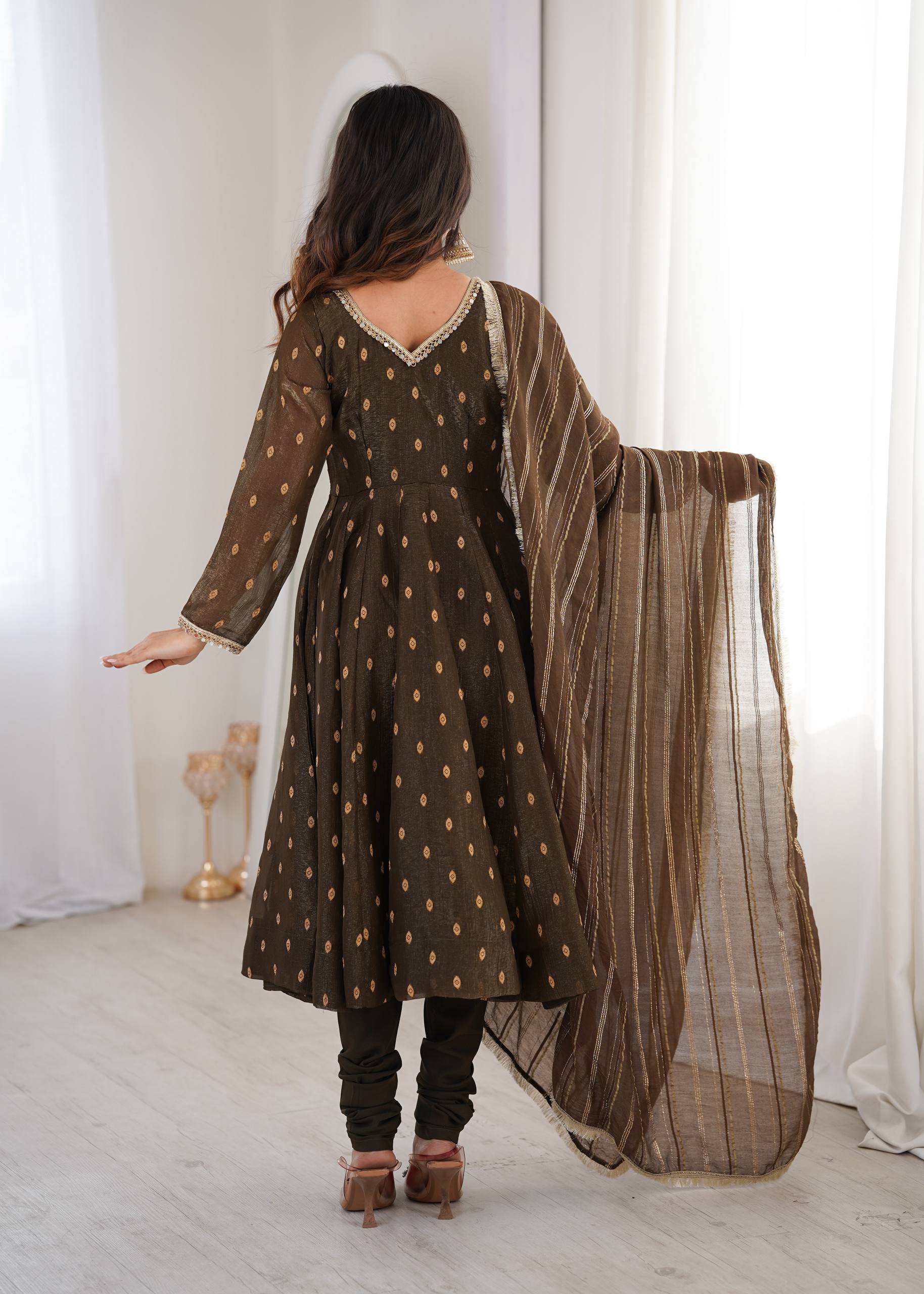 Aarvika Heavy Crunchy Silk Jacquard Butti Anarkali Gown with Chanderi Dupatta