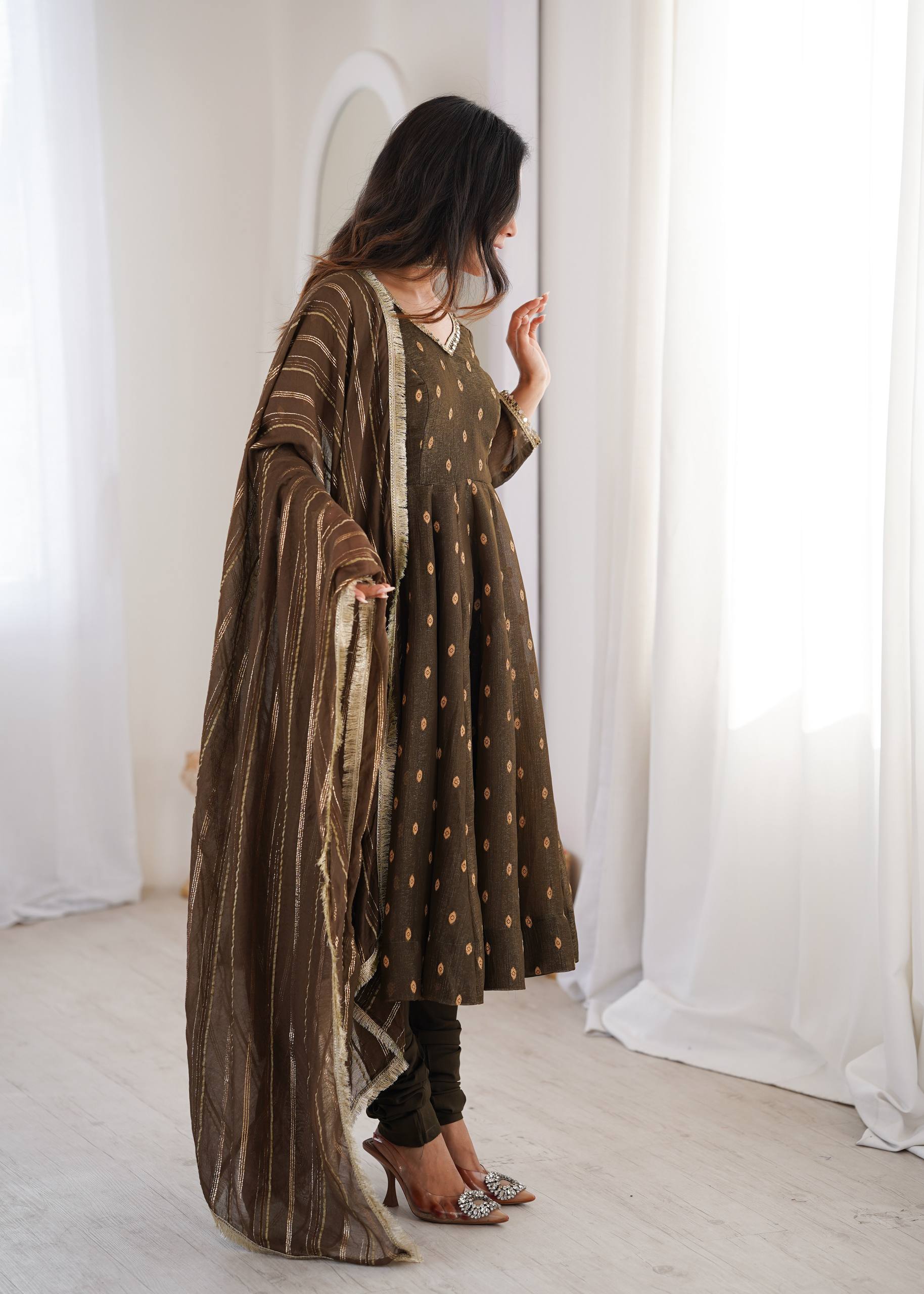 Aarvika Heavy Crunchy Silk Jacquard Butti Anarkali Gown with Chanderi Dupatta