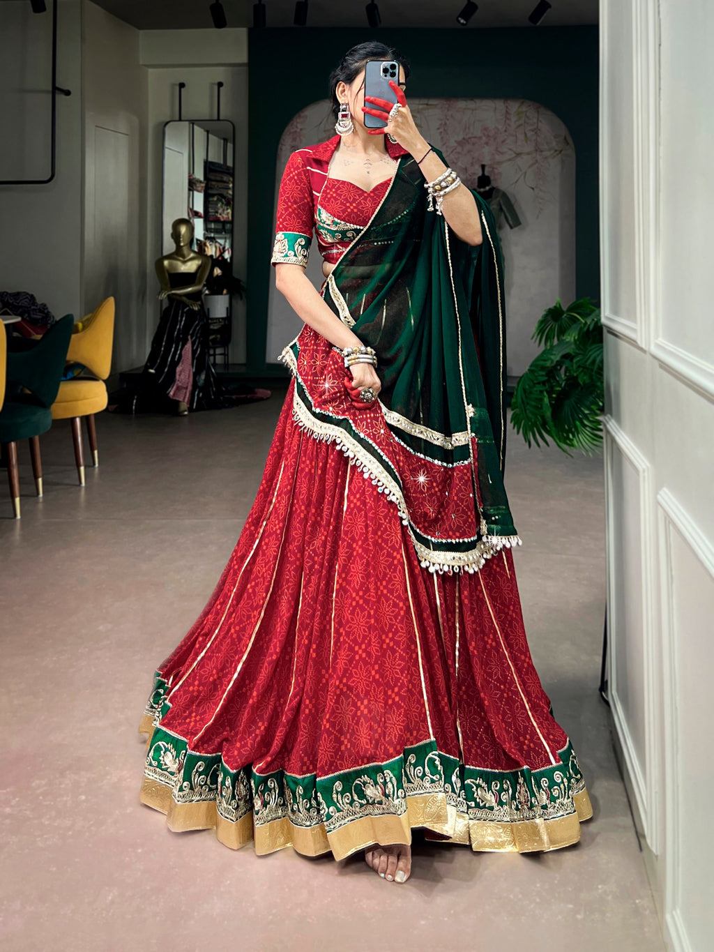 Navyasha Bandhej Foil Print Georgette Navratri Lehenga Choli with Mirror Lace Dupatta