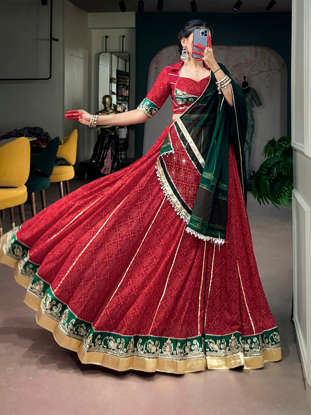 Navyasha Bandhej Foil Print Georgette Navratri Lehenga Choli with Mirror Lace Dupatta