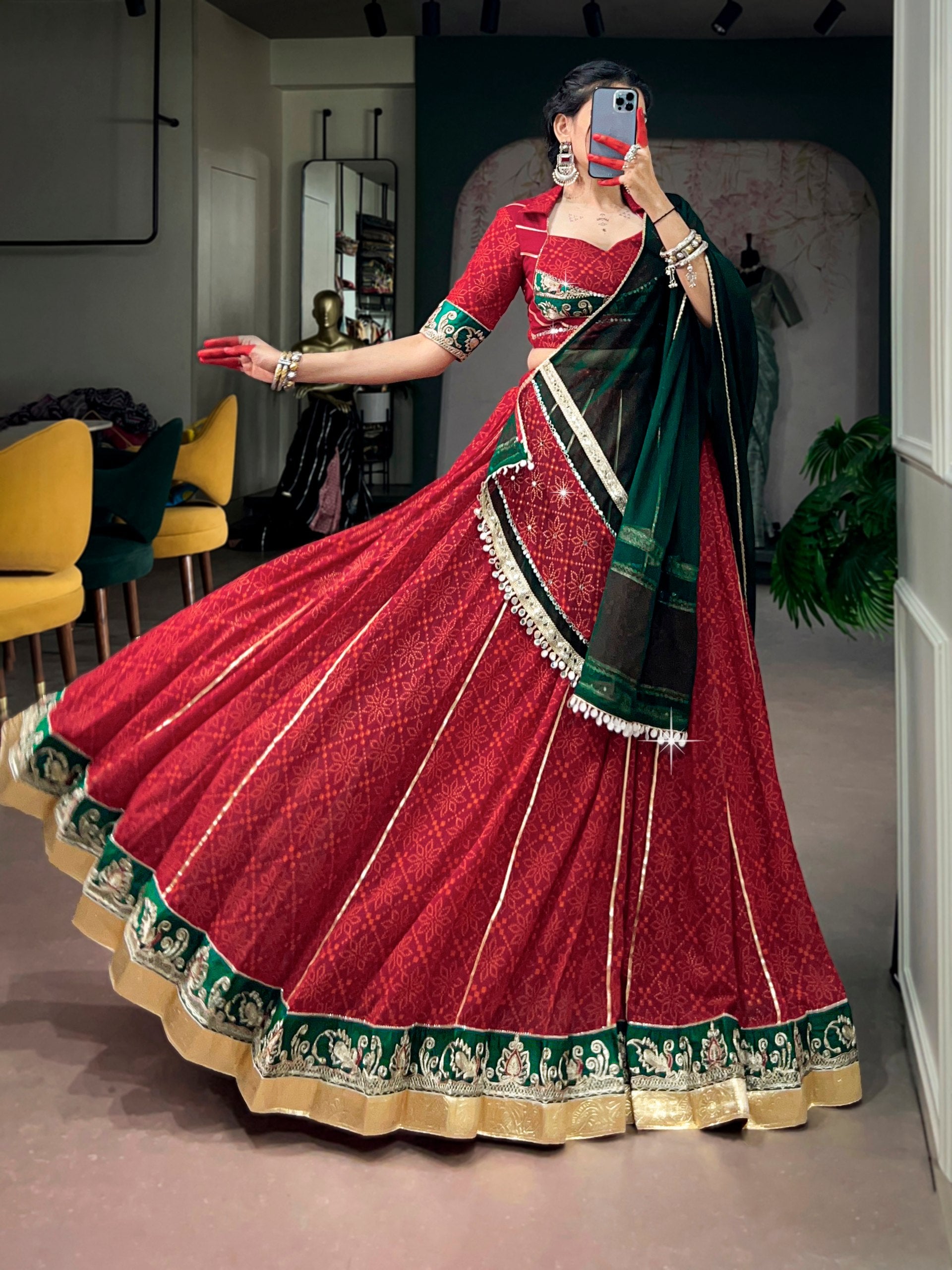 Navyasha Bandhej Foil Print Georgette Navratri Lehenga Choli with Mirror Lace Dupatta