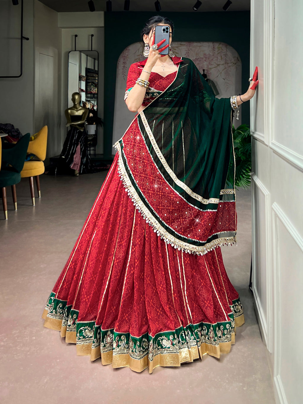Navyasha Bandhej Foil Print Georgette Navratri Lehenga Choli with Mirror Lace Dupatta