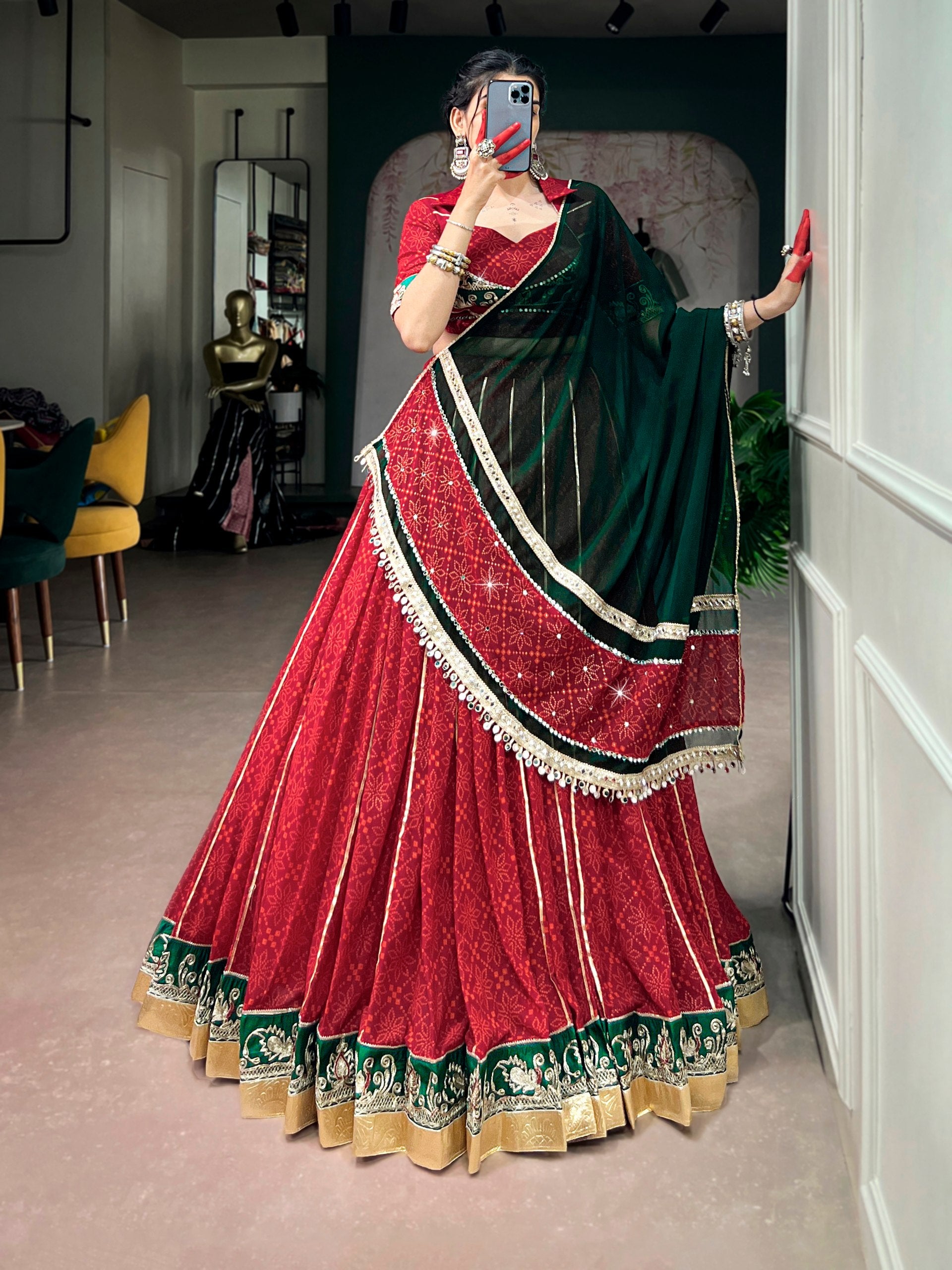 Navyasha Bandhej Foil Print Georgette Navratri Lehenga Choli with Mirror Lace Dupatta