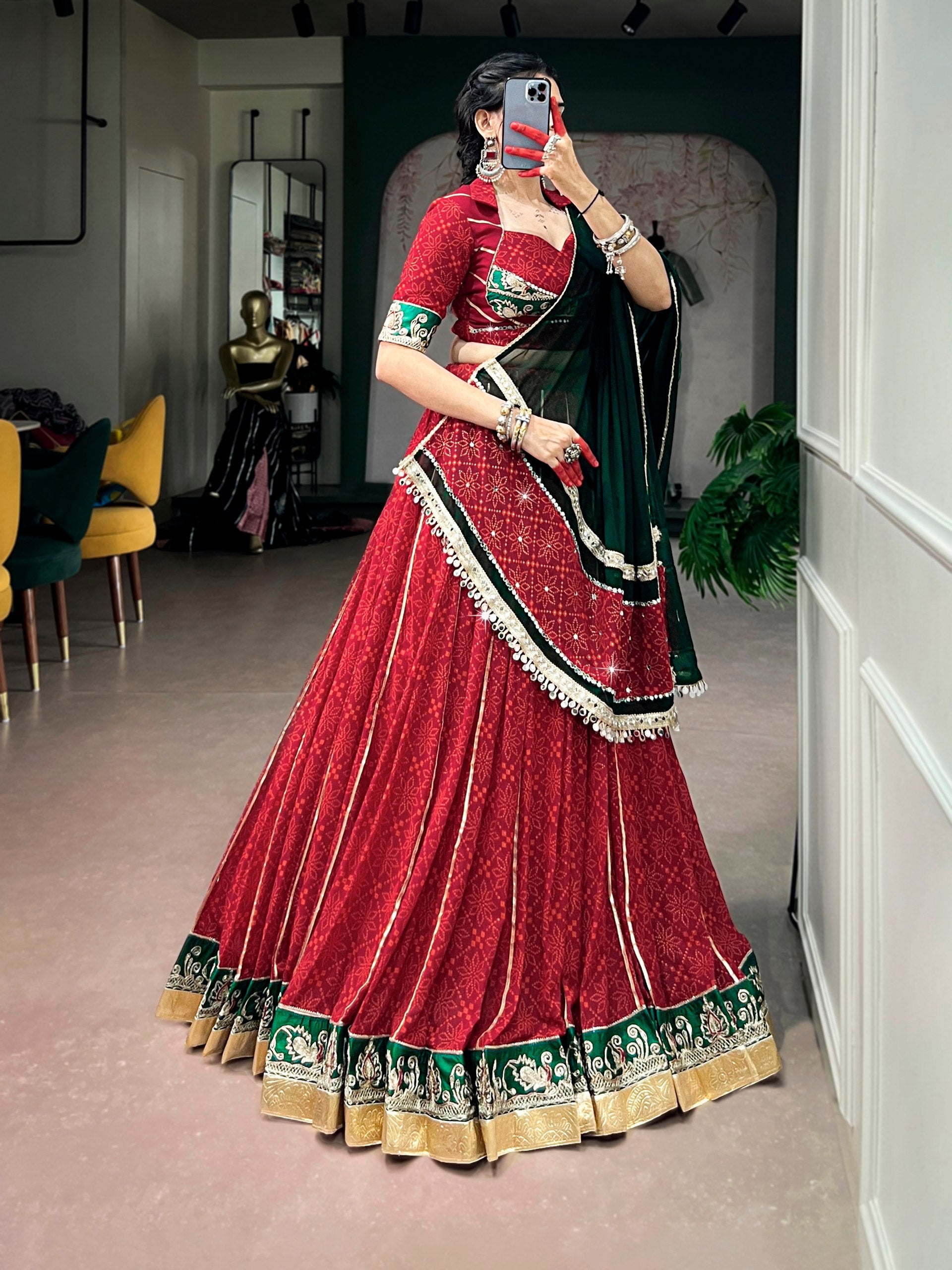 Navyasha Bandhej Foil Print Georgette Navratri Lehenga Choli with Mirror Lace Dupatta