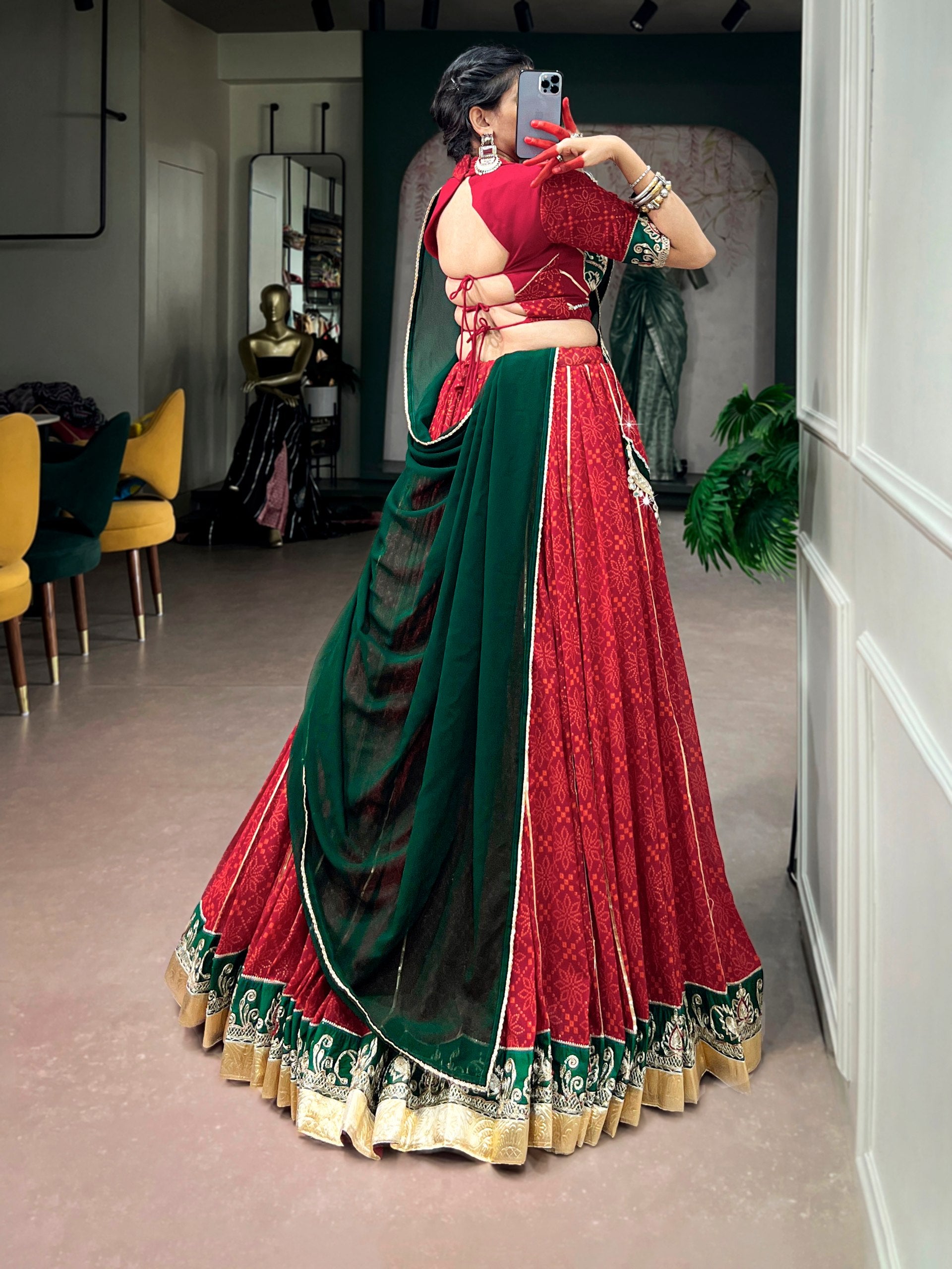Navyasha Bandhej Foil Print Georgette Navratri Lehenga Choli with Mirror Lace Dupatta