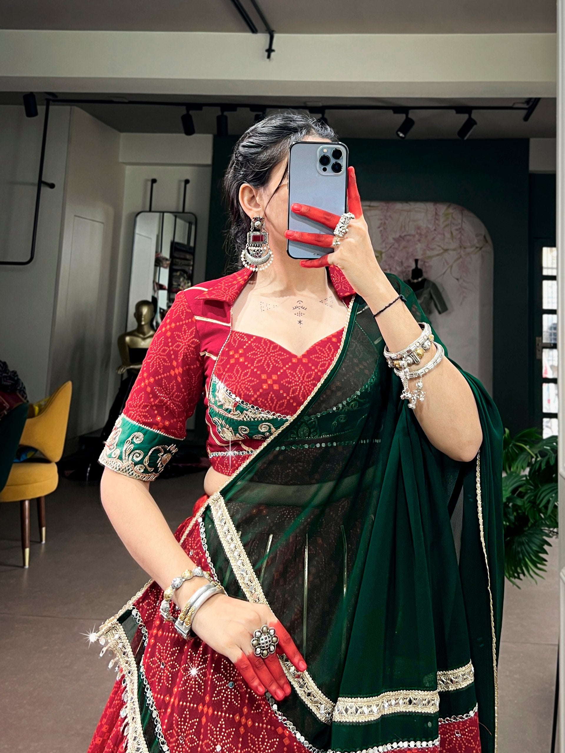 Navyasha Bandhej Foil Print Georgette Navratri Lehenga Choli with Mirror Lace Dupatta