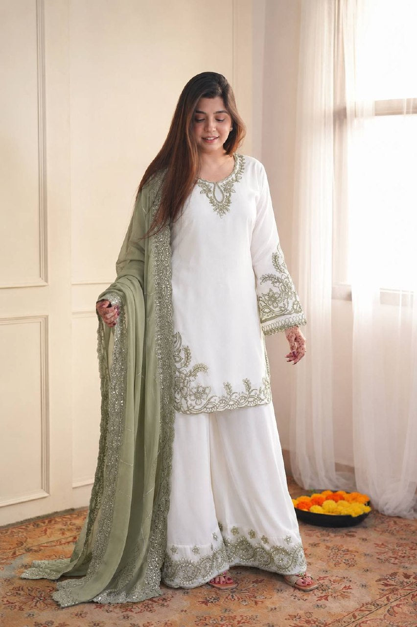 Mahira Pure Maska Cotton Embroidered Sequins Kurti Palazzo with Tabby Silk Dupatta Set