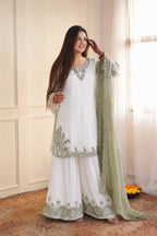 Mahira Pure Maska Cotton Embroidered Sequins Kurti Palazzo with Tabby Silk Dupatta Set