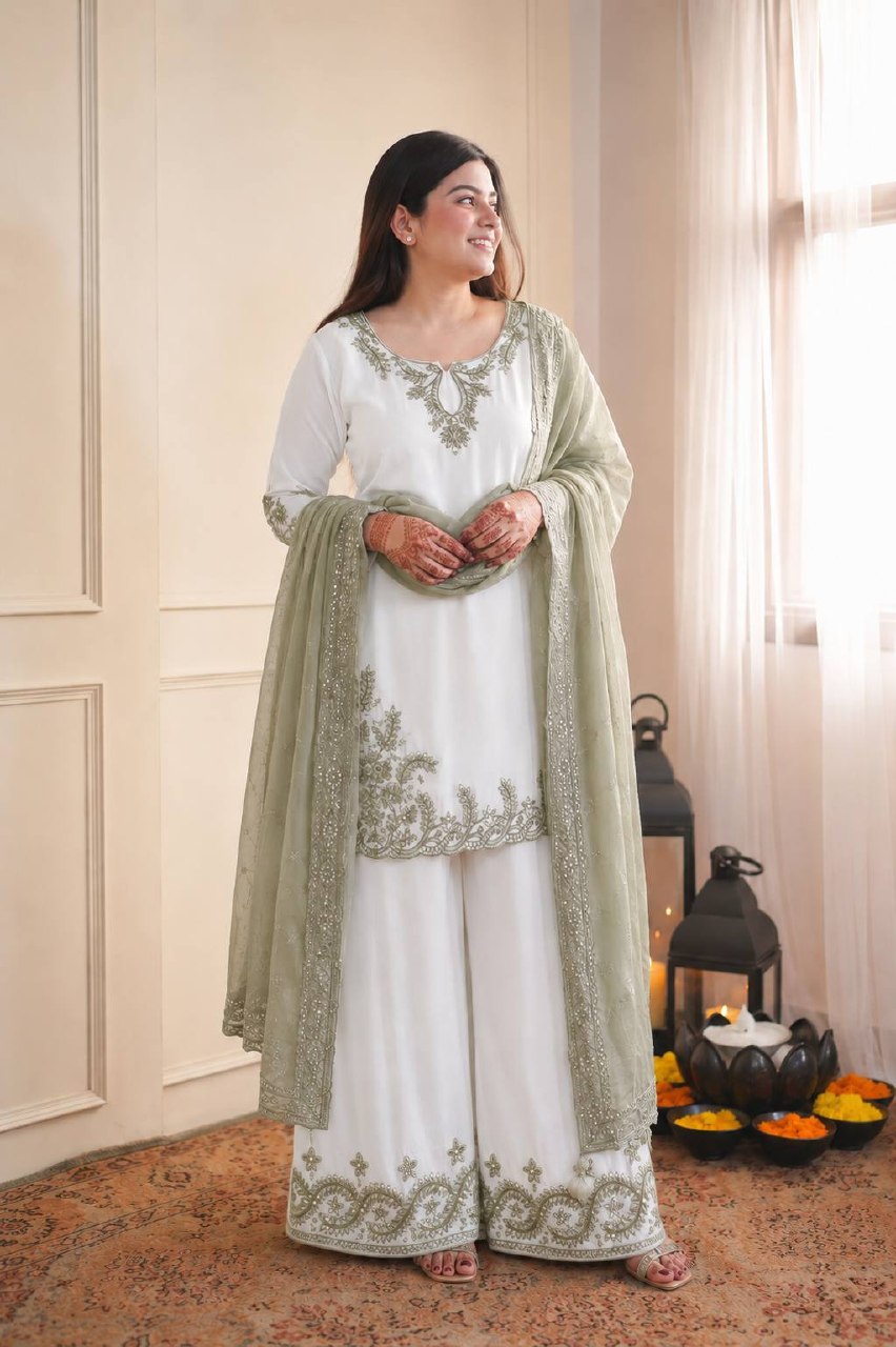 Mahira Pure Maska Cotton Embroidered Sequins Kurti Palazzo with Tabby Silk Dupatta Set