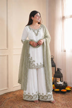 Mahira Pure Maska Cotton Embroidered Sequins Kurti Palazzo with Tabby Silk Dupatta Set
