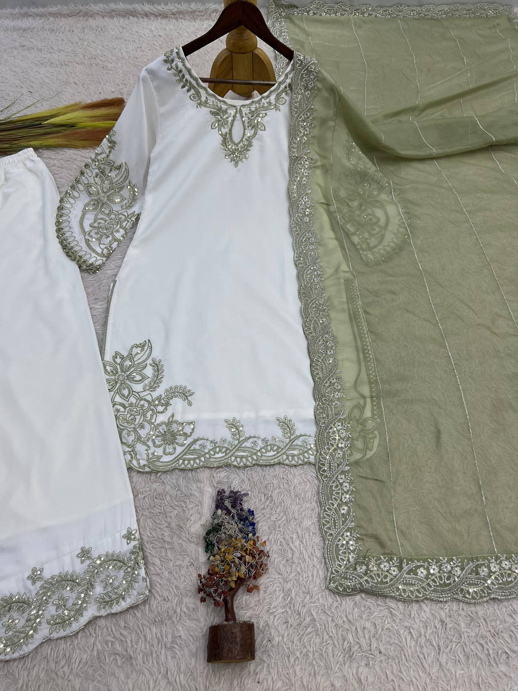 Mahira Pure Maska Cotton Embroidered Sequins Kurti Palazzo with Tabby Silk Dupatta Set