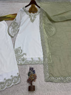 Mahira Pure Maska Cotton Embroidered Sequins Kurti Palazzo with Tabby Silk Dupatta Set