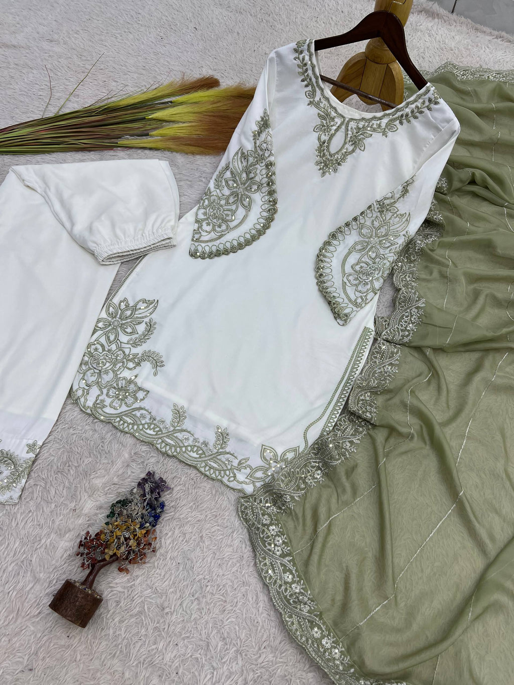 Mahira Pure Maska Cotton Embroidered Sequins Kurti Palazzo with Tabby Silk Dupatta Set