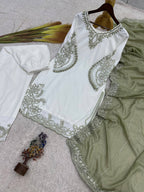 Mahira Pure Maska Cotton Embroidered Sequins Kurti Palazzo with Tabby Silk Dupatta Set