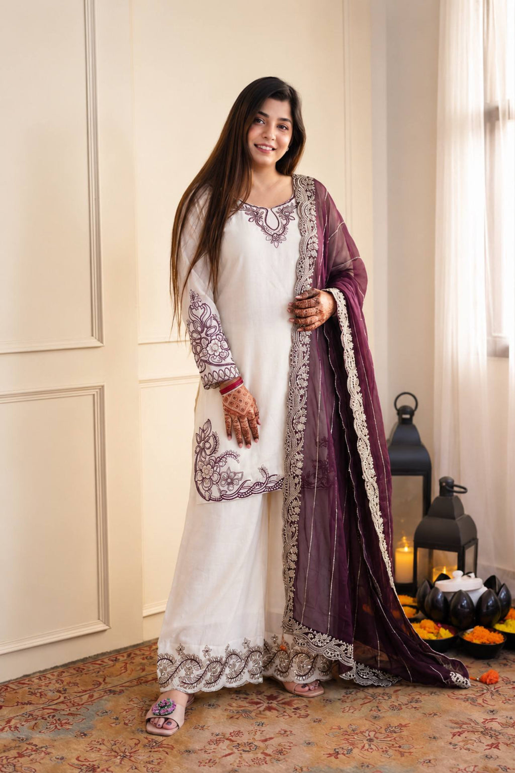 Mahira Pure Maska Cotton Embroidered Sequins Kurti Palazzo with Tabby Silk Dupatta Set