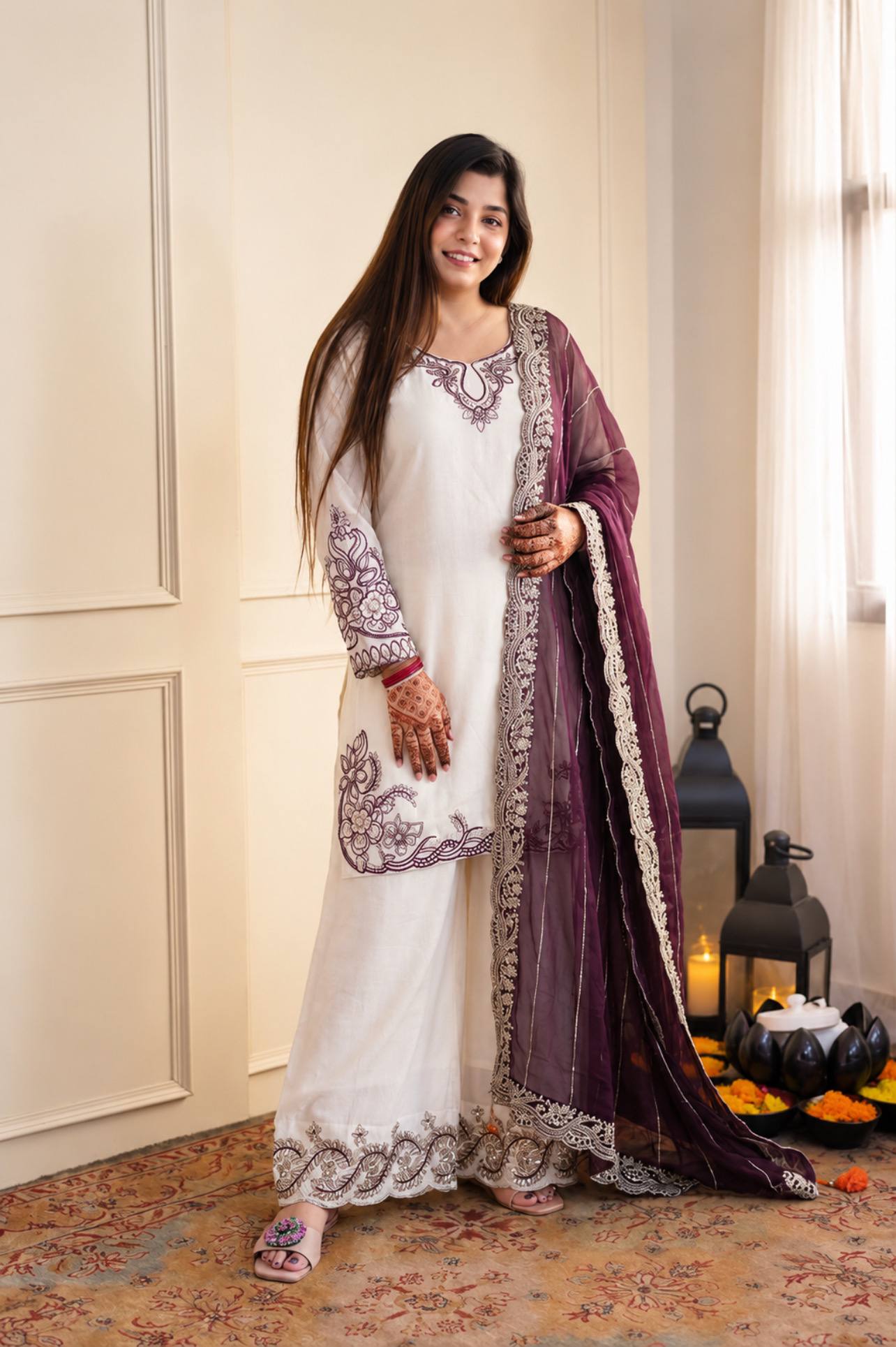 Mahira Pure Maska Cotton Embroidered Sequins Kurti Palazzo with Tabby Silk Dupatta Set