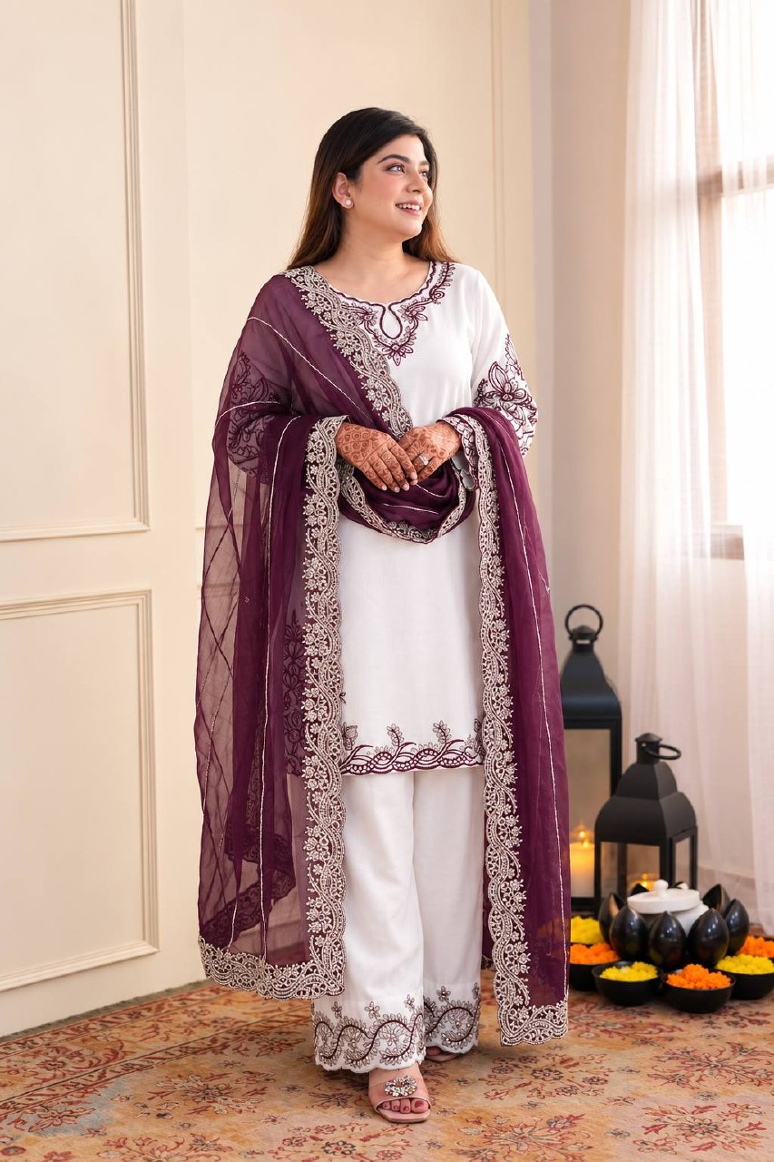 Mahira Pure Maska Cotton Embroidered Sequins Kurti Palazzo with Tabby Silk Dupatta Set