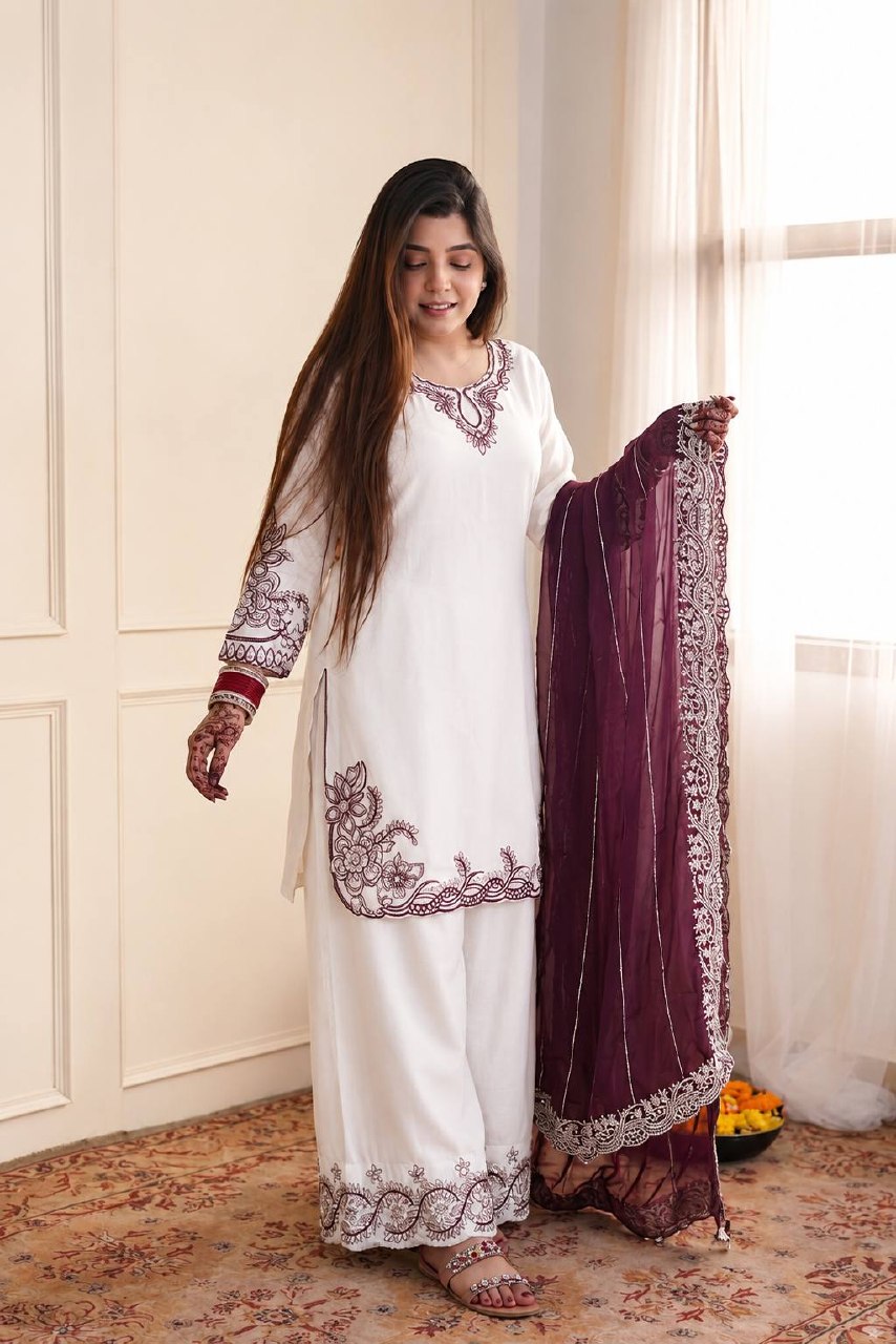 Mahira Pure Maska Cotton Embroidered Sequins Kurti Palazzo with Tabby Silk Dupatta Set