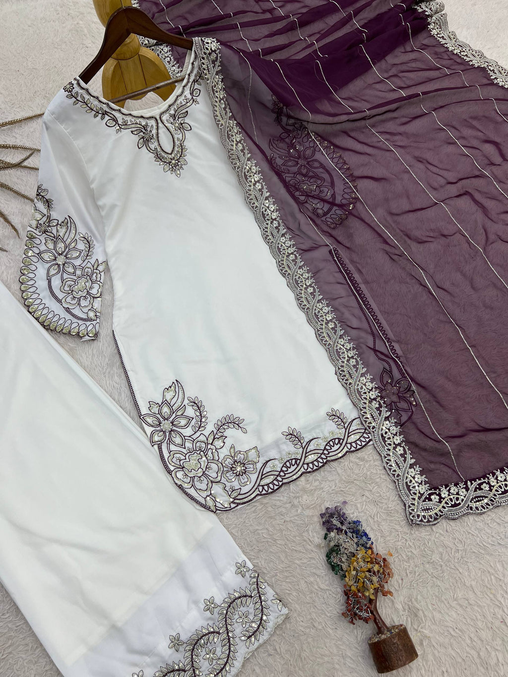 Mahira Pure Maska Cotton Embroidered Sequins Kurti Palazzo with Tabby Silk Dupatta Set
