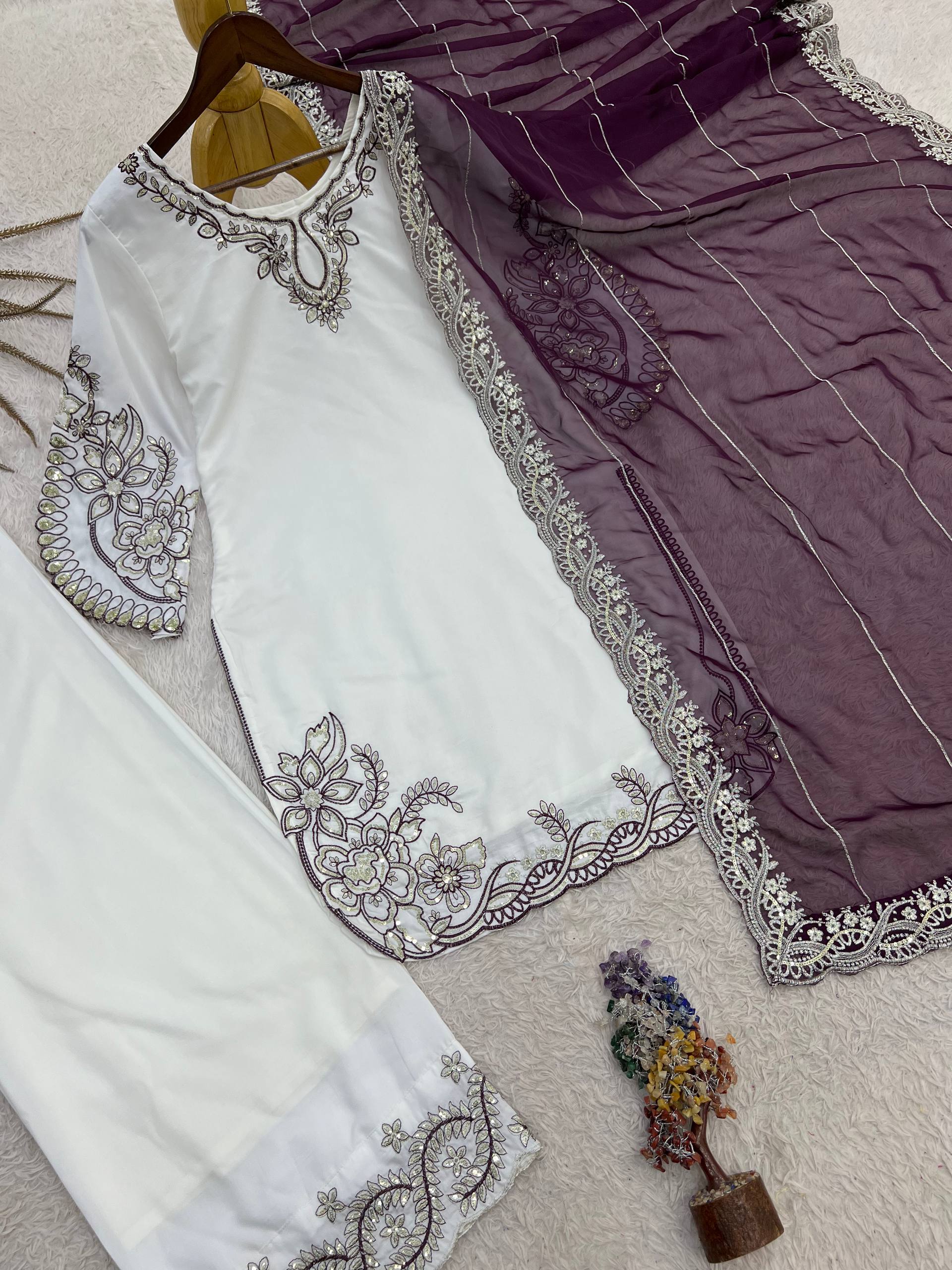 Mahira Pure Maska Cotton Embroidered Sequins Kurti Palazzo with Tabby Silk Dupatta Set