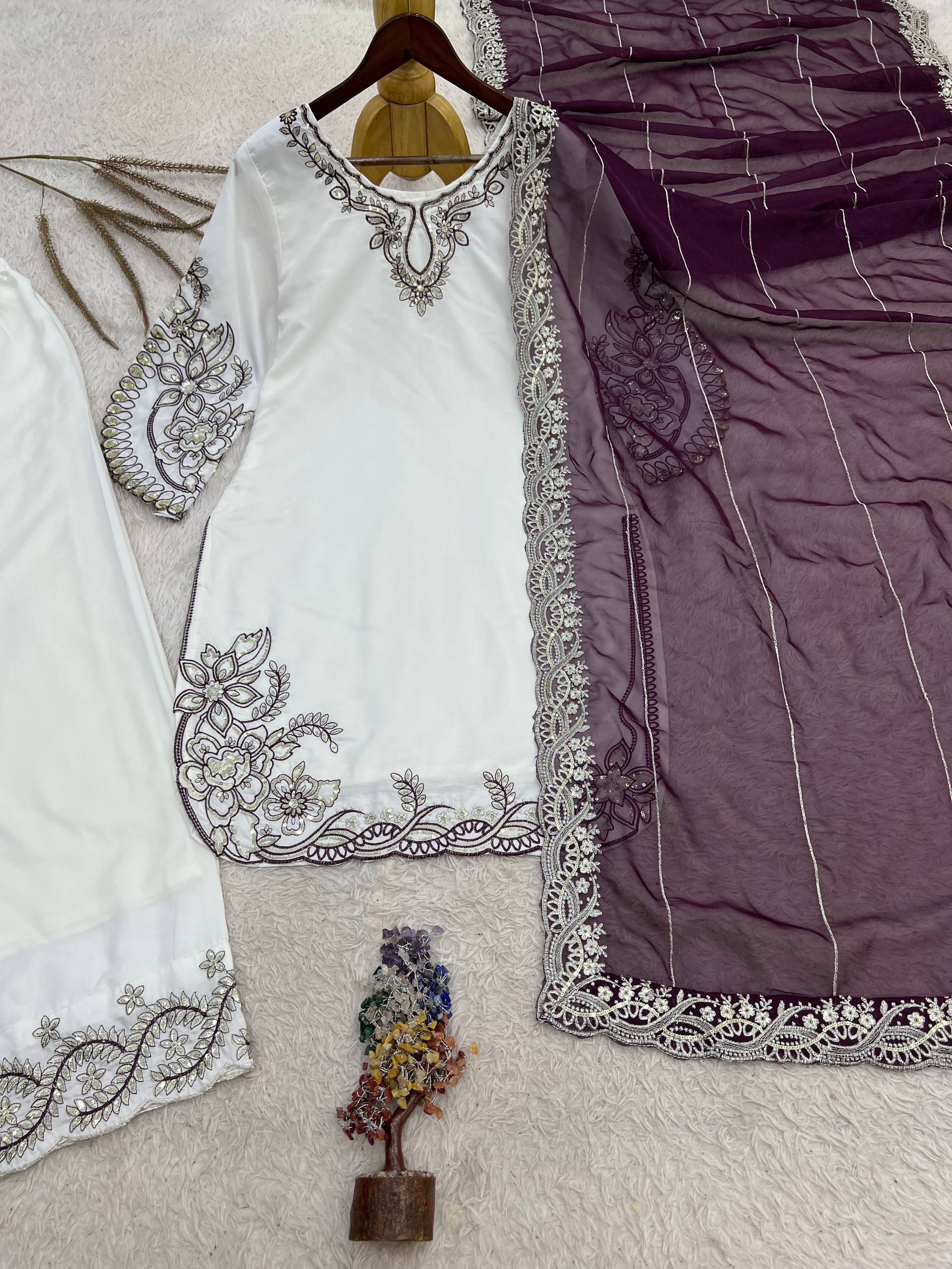 Mahira Pure Maska Cotton Embroidered Sequins Kurti Palazzo with Tabby Silk Dupatta Set