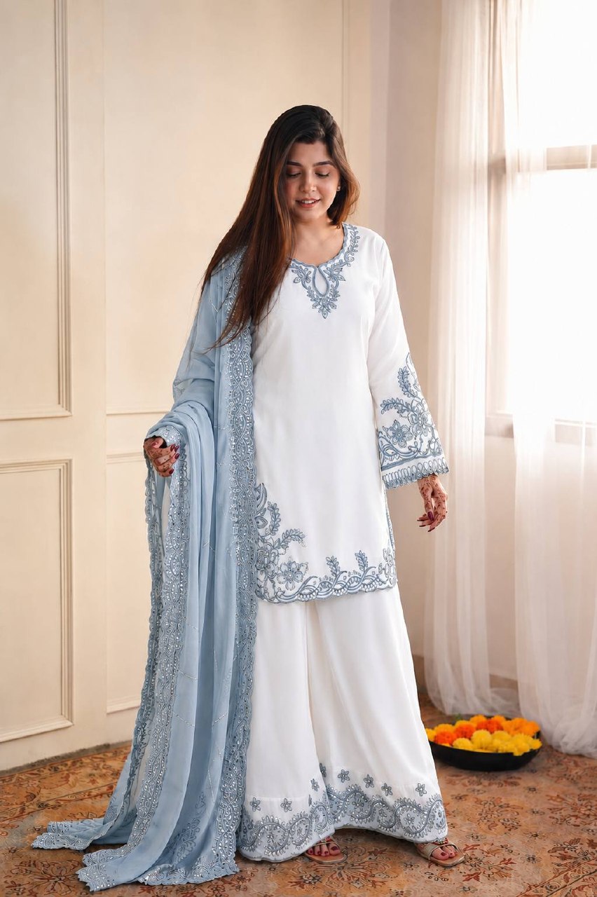 Mahira Pure Maska Cotton Embroidered Sequins Kurti Palazzo with Tabby Silk Dupatta Set