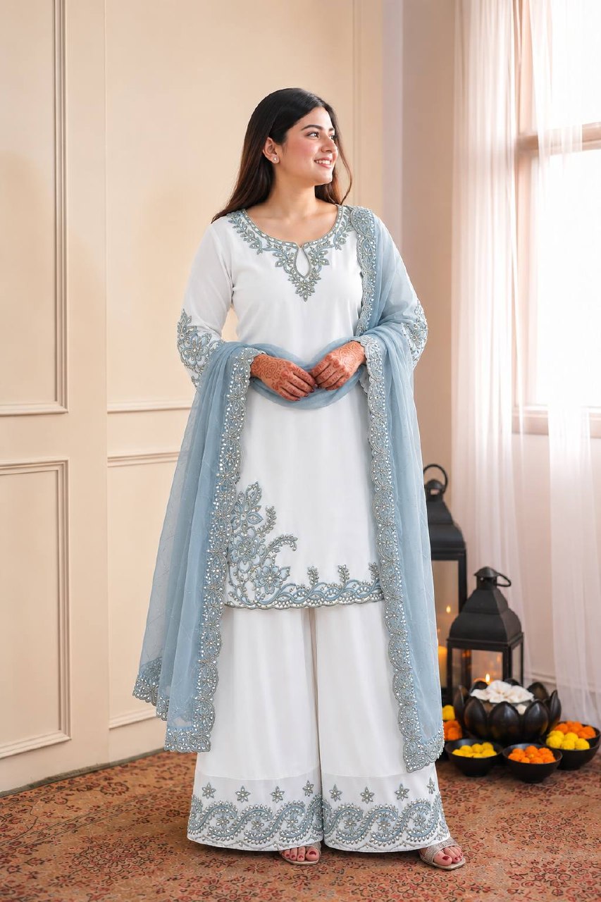 Mahira Pure Maska Cotton Embroidered Sequins Kurti Palazzo with Tabby Silk Dupatta Set