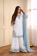 Mahira Pure Maska Cotton Embroidered Sequins Kurti Palazzo with Tabby Silk Dupatta Set