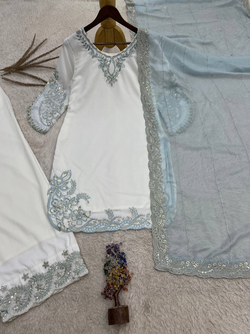 Mahira Pure Maska Cotton Embroidered Sequins Kurti Palazzo with Tabby Silk Dupatta Set