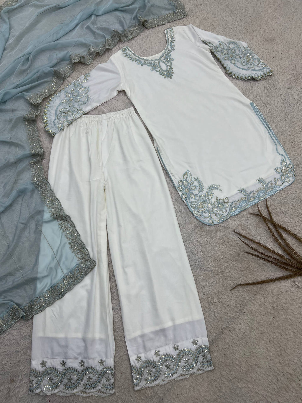 Mahira Pure Maska Cotton Embroidered Sequins Kurti Palazzo with Tabby Silk Dupatta Set