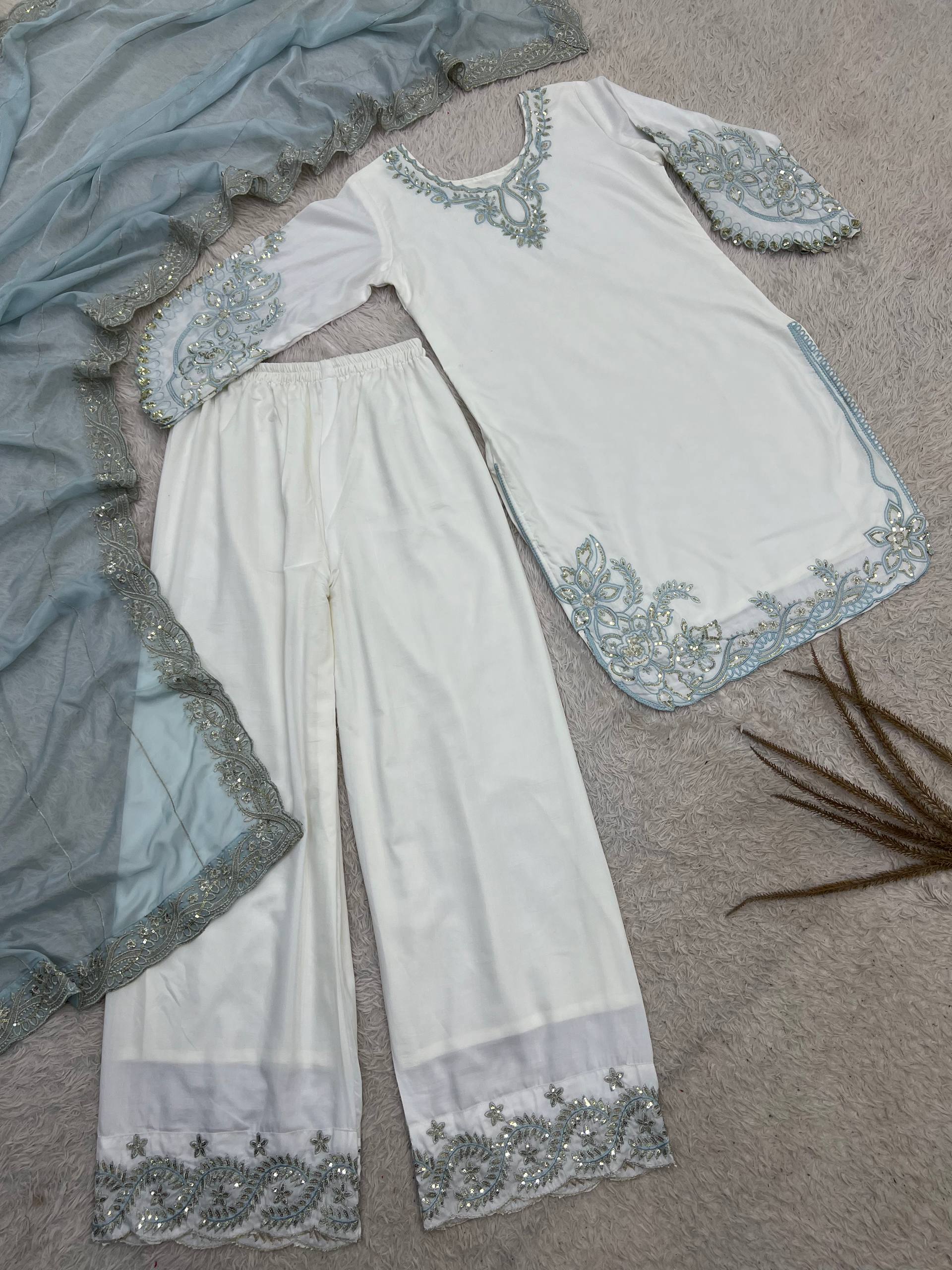 Mahira Pure Maska Cotton Embroidered Sequins Kurti Palazzo with Tabby Silk Dupatta Set