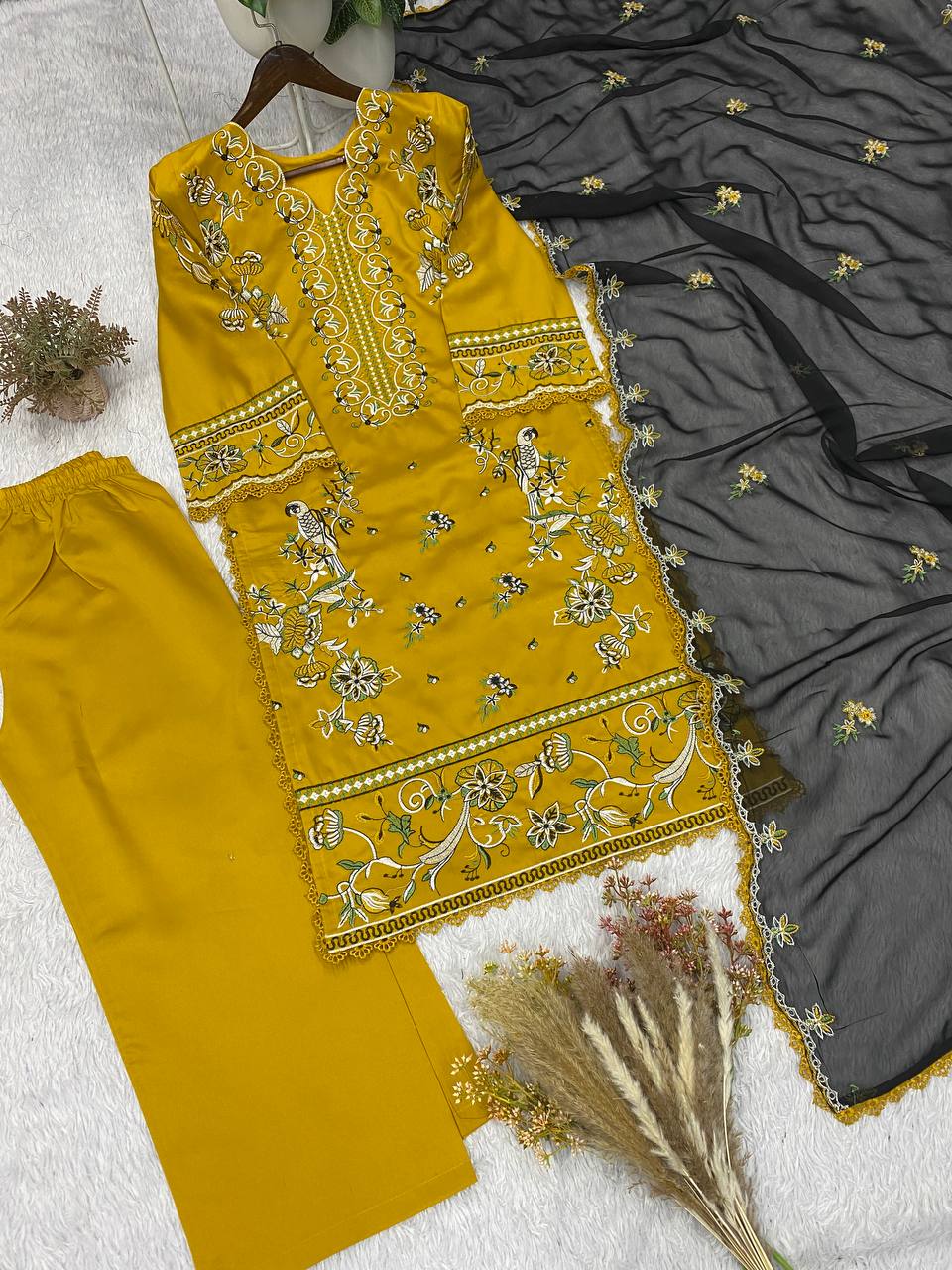 Meher Aafreen Designer Roman Embroidered Kurta Palazzo Set with GPO Lace Work and Georgette Dupatta