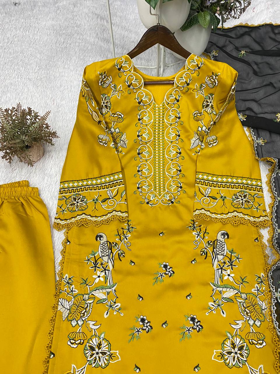 Meher Aafreen Designer Roman Embroidered Kurta Palazzo Set with GPO Lace Work and Georgette Dupatta