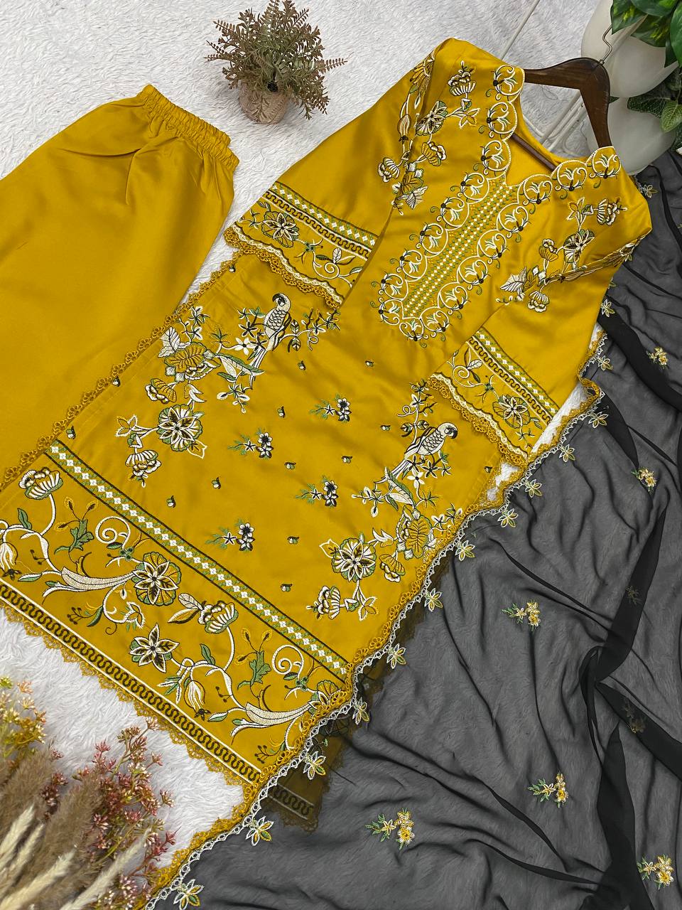 Meher Aafreen Designer Roman Embroidered Kurta Palazzo Set with GPO Lace Work and Georgette Dupatta
