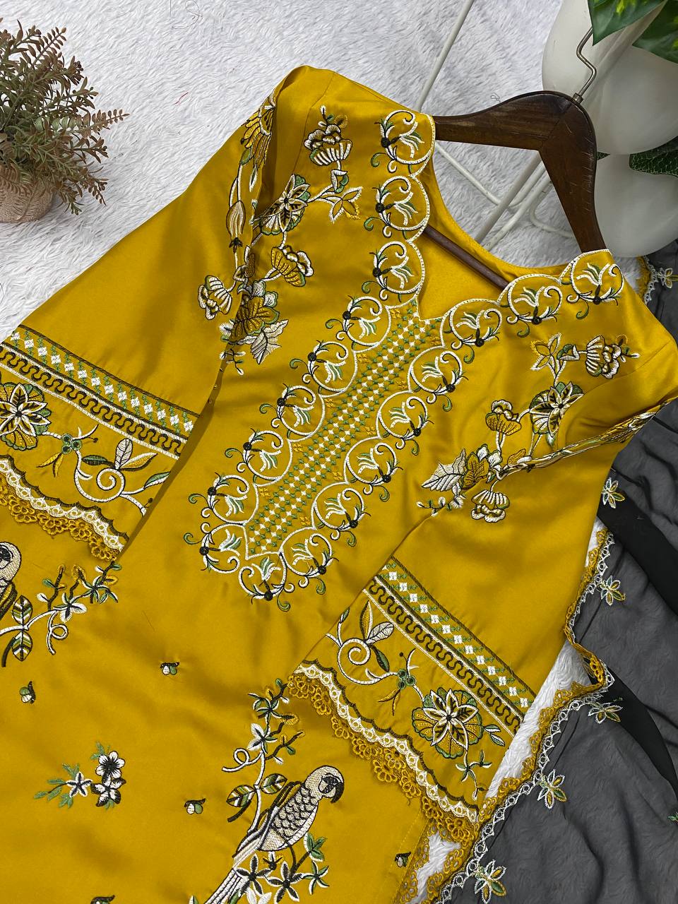 Meher Aafreen Designer Roman Embroidered Kurta Palazzo Set with GPO Lace Work and Georgette Dupatta