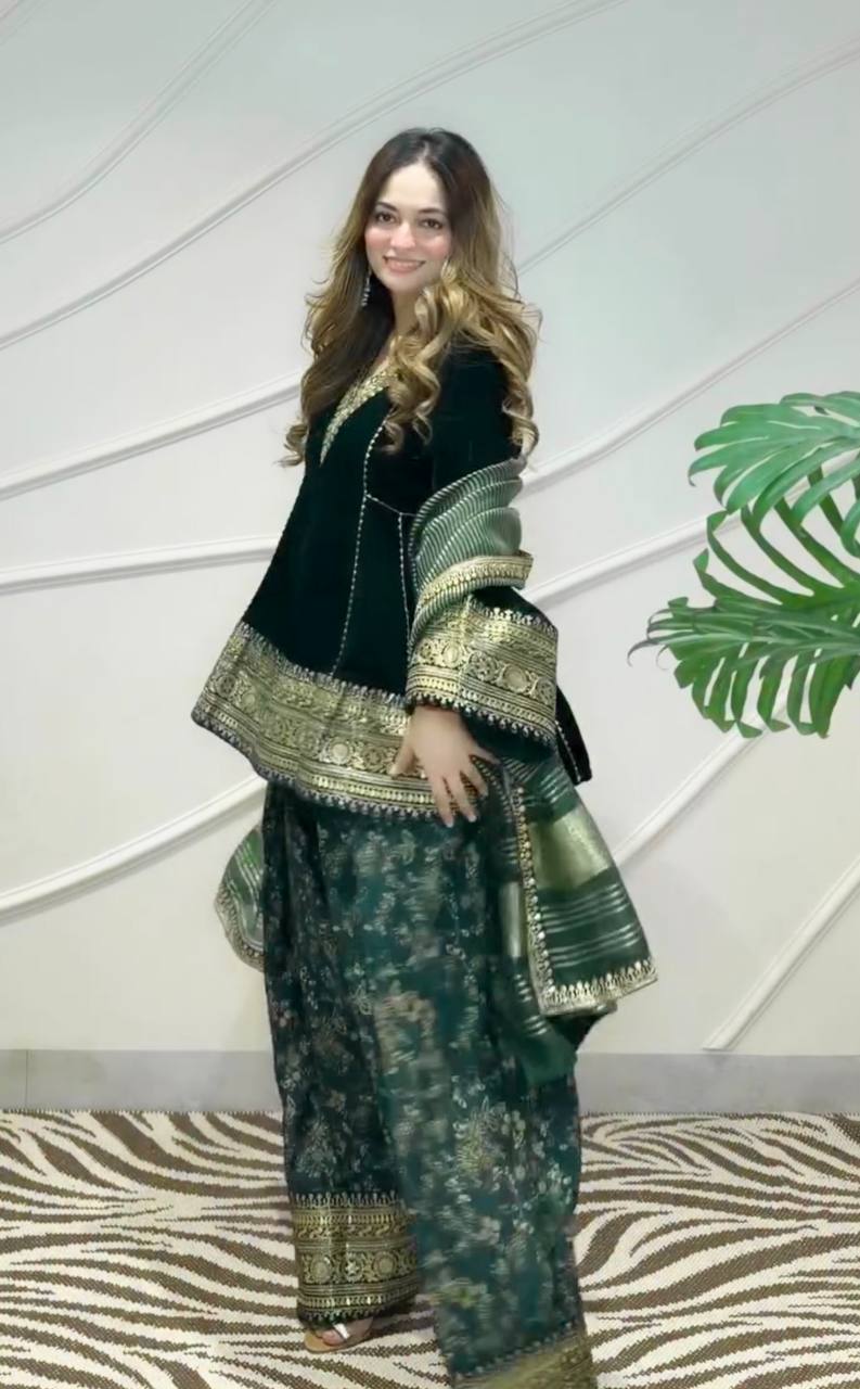 Mahzareen Pure Viscose Velvet Embroidered Top with Farshi Palazzo and Chanderi Dupatta