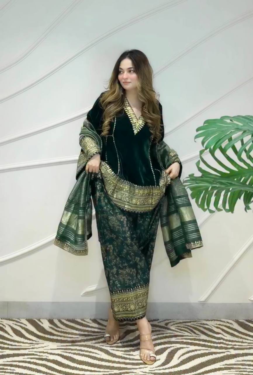 Mahzareen Pure Viscose Velvet Embroidered Top with Farshi Palazzo and Chanderi Dupatta