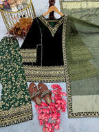 Mahzareen Pure Viscose Velvet Embroidered Top with Farshi Palazzo and Chanderi Dupatta