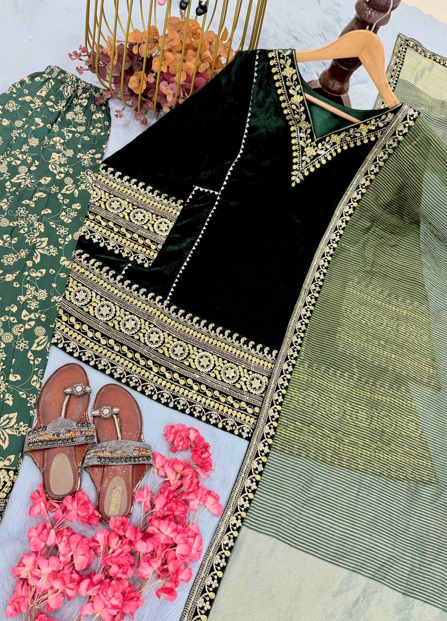 Mahzareen Pure Viscose Velvet Embroidered Top with Farshi Palazzo and Chanderi Dupatta